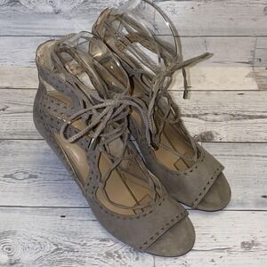 KAARI Blue Shoes Womens 9M Taupe Hannah Lace Up Block Strappy Chunky Heel Sandal